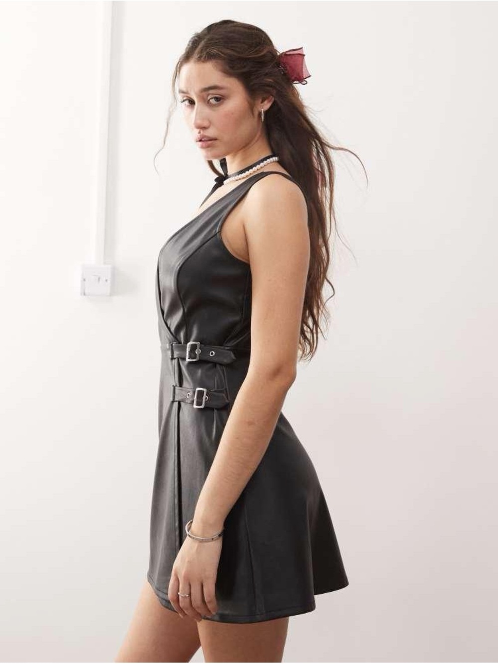 Miss Selfridge Black Faux Leather Pinny Buckle Mini Dress ASOS